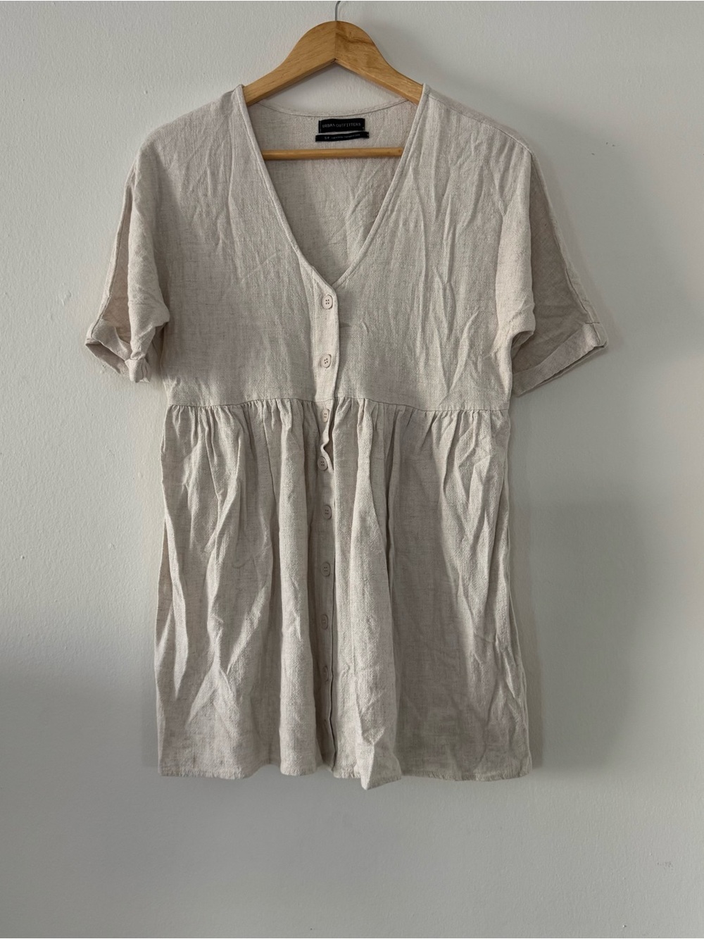 Urban Outfitters S Linen Blend Button Babydoll Mini Dress Safari Boho Cottage